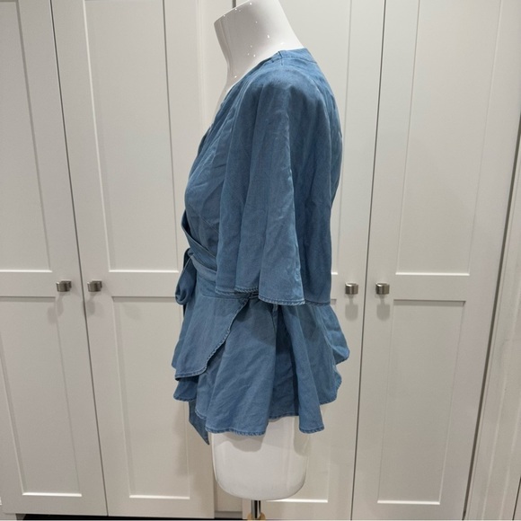 LOFT Chambray Wrap Top Short Flutter Sleeve V Neck Lyocell Blouse Small - Picture 5 of 8